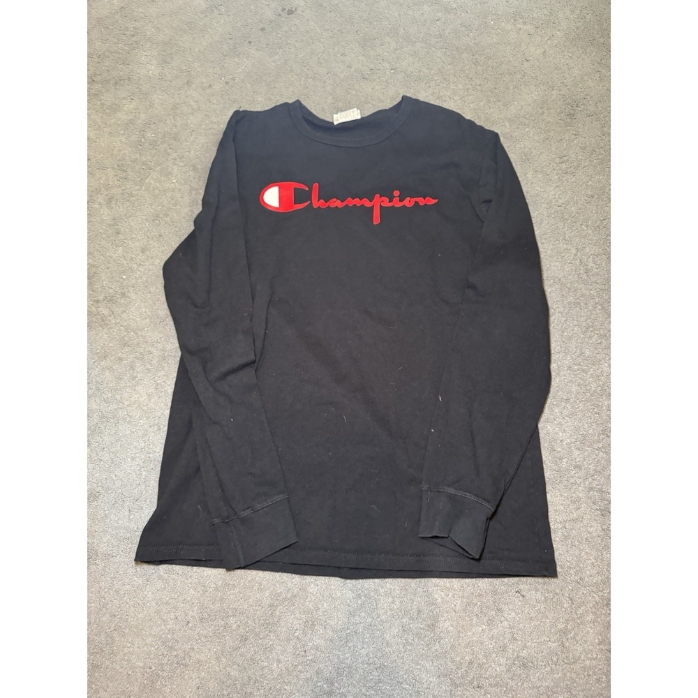 Vintage Champion Script Logo‎ Long Sleeve Shirt Black Red Mens Large USA Tag